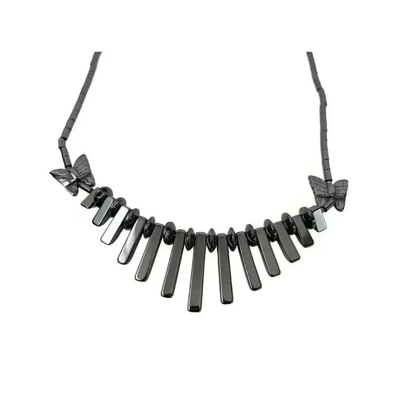 Gray Butterfly Beaded Hematite Stone Graduated Fan Sticks Collar Necklace 16" - Picture 5 of 13